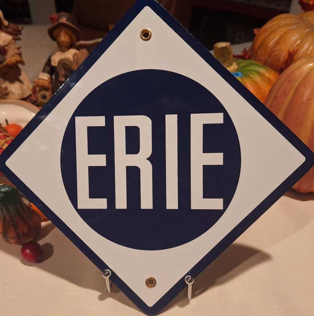 Vintage Erie Railroad Porcelain Sign 11" Diamond Train Station Depot